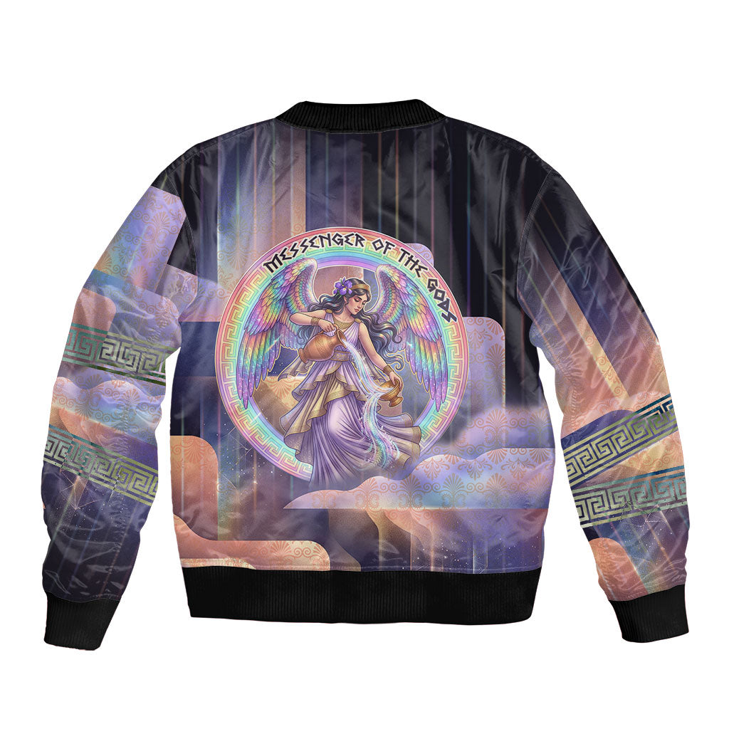 Iris Goddess Bomber Jacket Rainbow Winged Iris - Pitcher Lyre And Greek Key