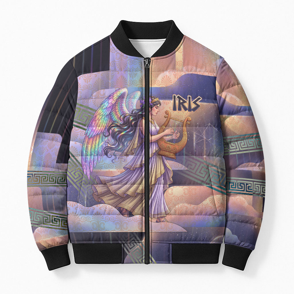 Iris Goddess Bomber Puffer Jacket Rainbow Winged Iris - Pitcher Lyre And Greek Key