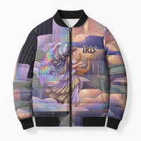 Iris Goddess Bomber Puffer Jacket Rainbow Winged Iris - Pitcher Lyre And Greek Key