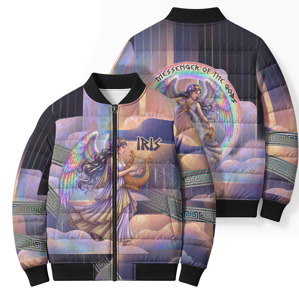 Iris Goddess Bomber Puffer Jacket Rainbow Winged Iris - Pitcher Lyre And Greek Key