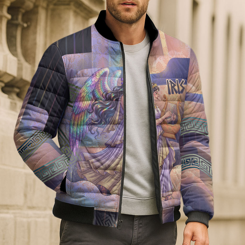 Iris Goddess Bomber Puffer Jacket Rainbow Winged Iris - Pitcher Lyre And Greek Key