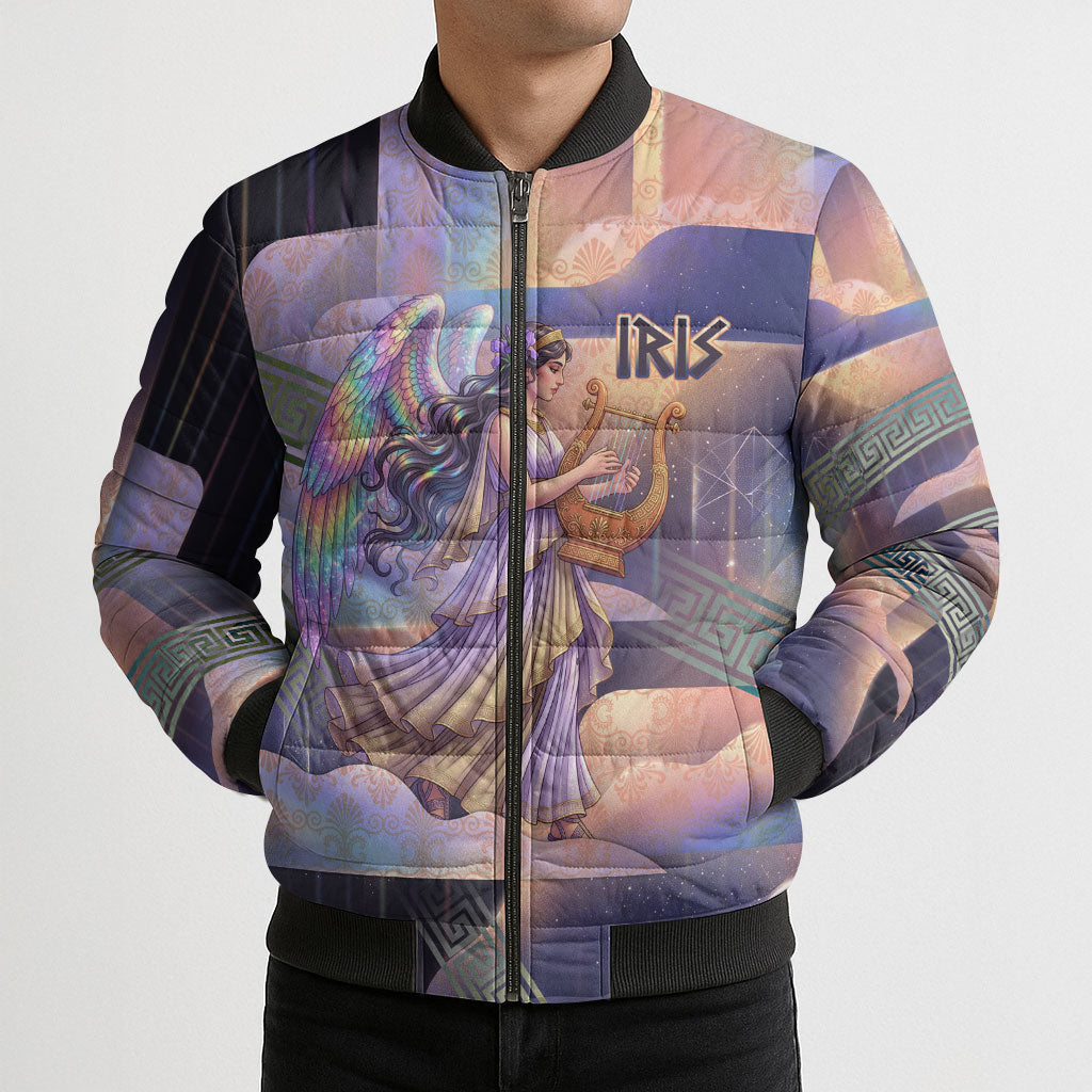Iris Goddess Bomber Puffer Jacket Rainbow Winged Iris - Pitcher Lyre And Greek Key