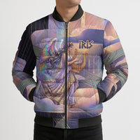 Iris Goddess Bomber Puffer Jacket Rainbow Winged Iris - Pitcher Lyre And Greek Key
