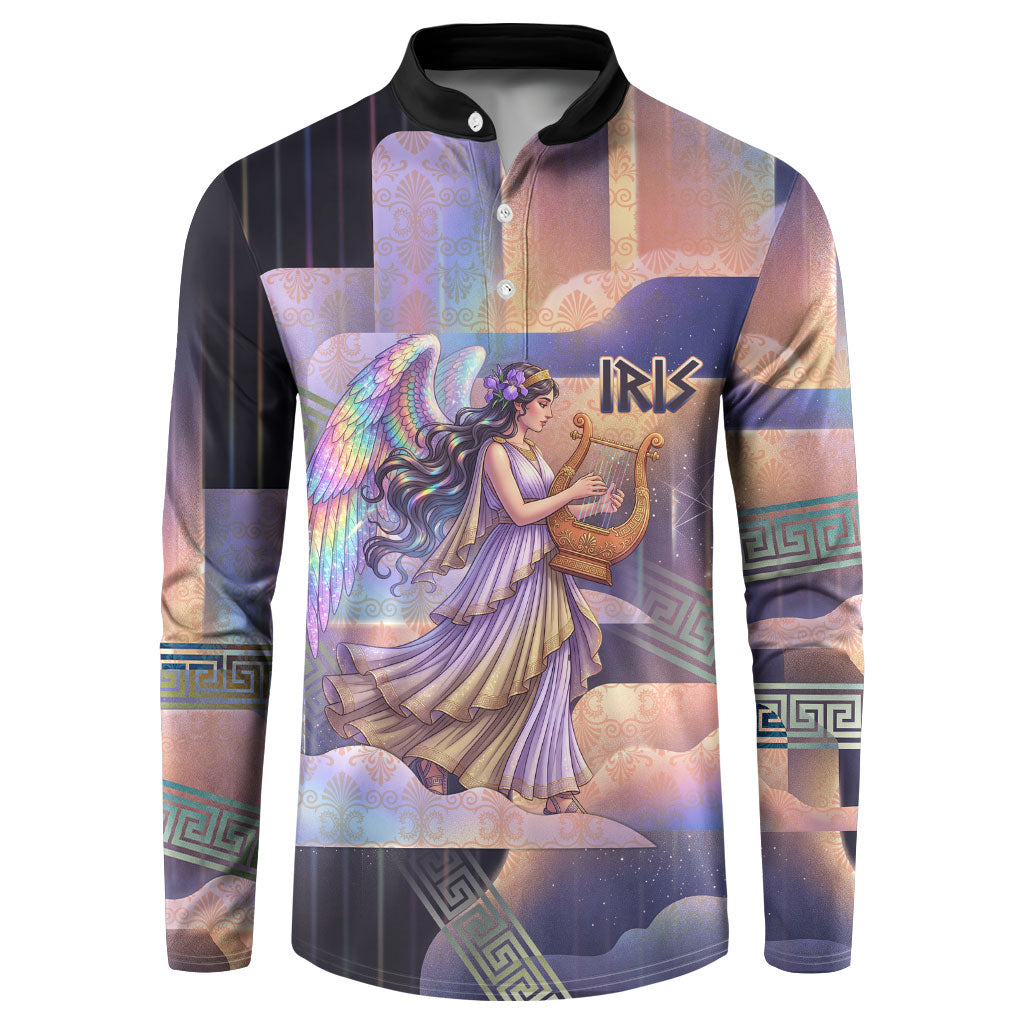 Iris Goddess Button Sweatshirt Rainbow Winged Iris - Pitcher Lyre And Greek Key