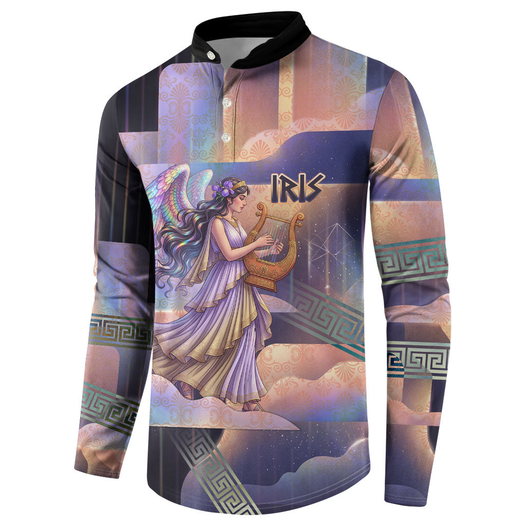 Iris Goddess Button Sweatshirt Rainbow Winged Iris - Pitcher Lyre And Greek Key