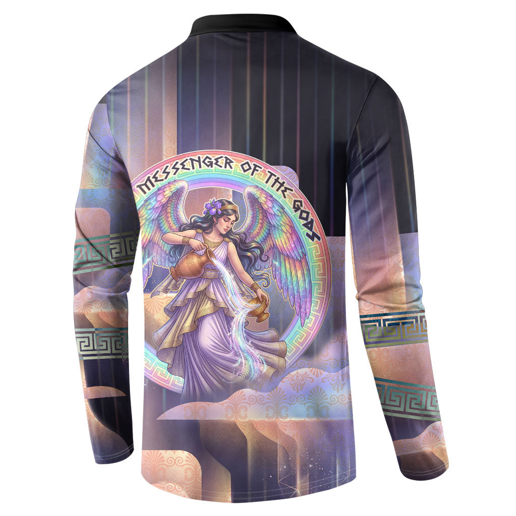 Iris Goddess Button Sweatshirt Rainbow Winged Iris - Pitcher Lyre And Greek Key