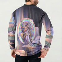 Iris Goddess Button Sweatshirt Rainbow Winged Iris - Pitcher Lyre And Greek Key
