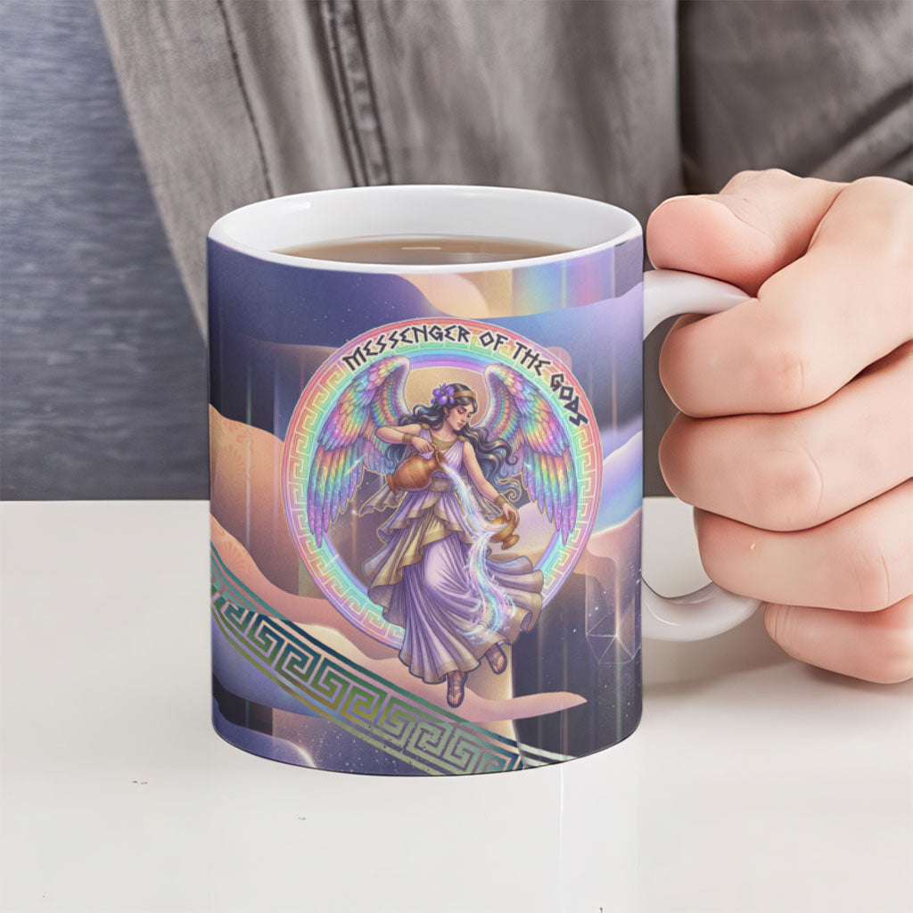 Iris Goddess Ceramic Mug Rainbow Winged Iris - Pitcher Lyre And Greek Key