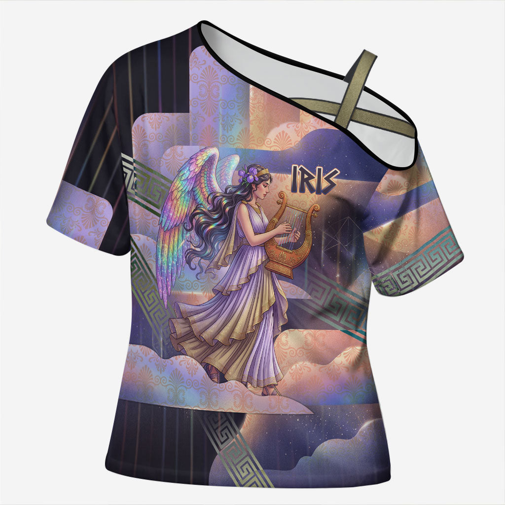 Iris Goddess Cross Shoulder Shirt Rainbow Winged Iris - Pitcher Lyre And Greek Key