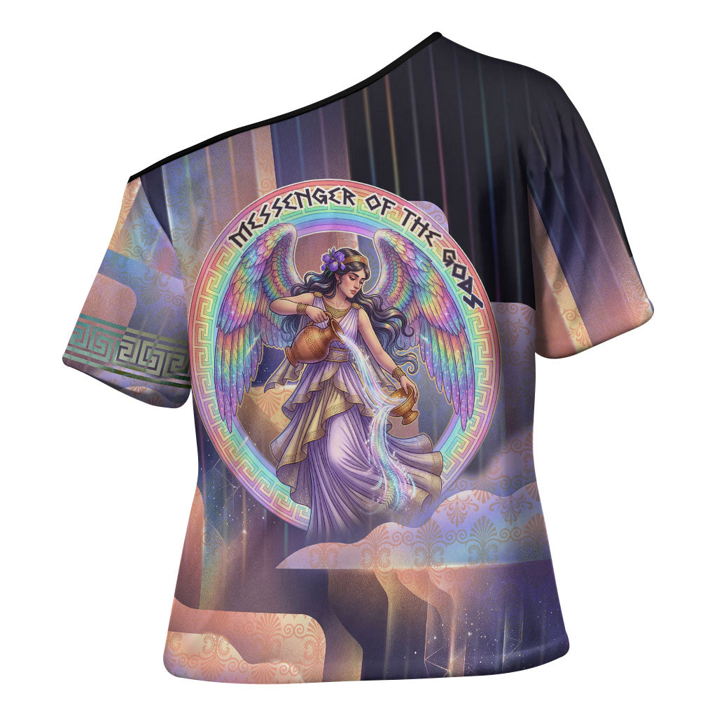 Iris Goddess Cross Shoulder Shirt Rainbow Winged Iris - Pitcher Lyre And Greek Key