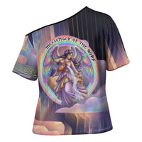 Iris Goddess Cross Shoulder Shirt Rainbow Winged Iris - Pitcher Lyre And Greek Key