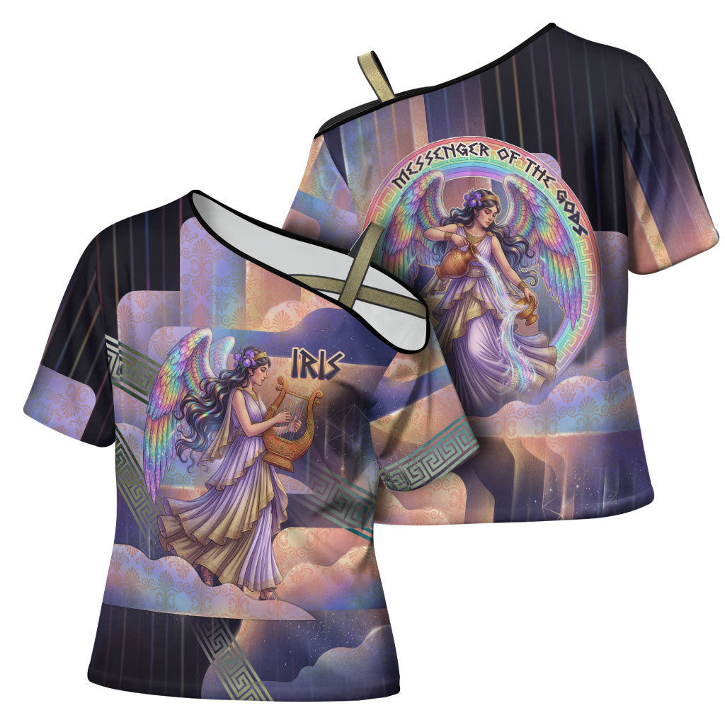 Iris Goddess Cross Shoulder Shirt Rainbow Winged Iris - Pitcher Lyre And Greek Key