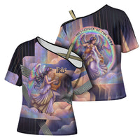 Iris Goddess Cross Shoulder Shirt Rainbow Winged Iris - Pitcher Lyre And Greek Key