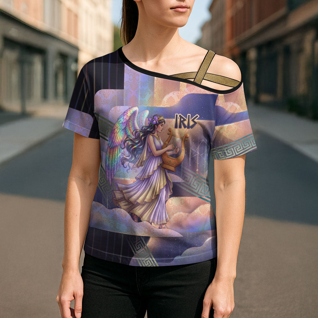 Iris Goddess Cross Shoulder Shirt Rainbow Winged Iris - Pitcher Lyre And Greek Key