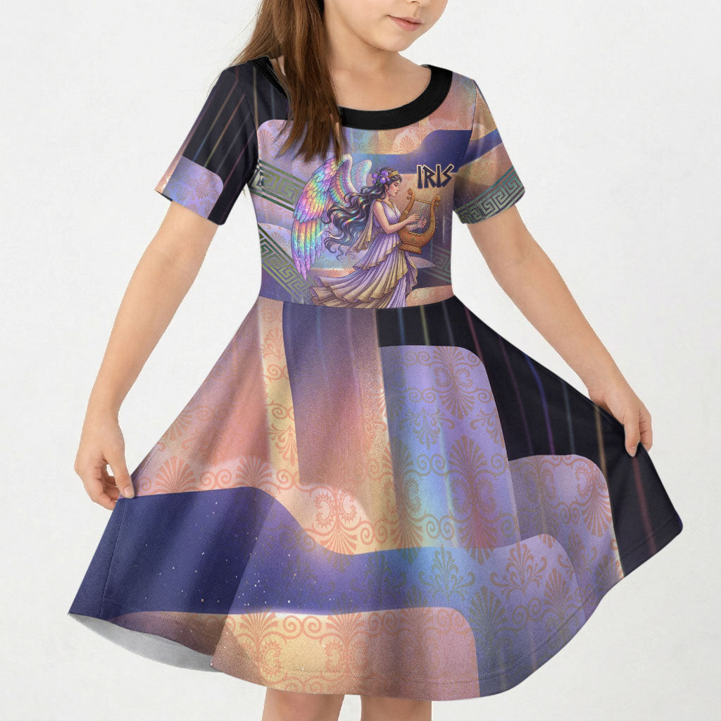 Iris Goddess Kid Short Sleeve Dress Rainbow Winged Iris - Pitcher Lyre And Greek Key