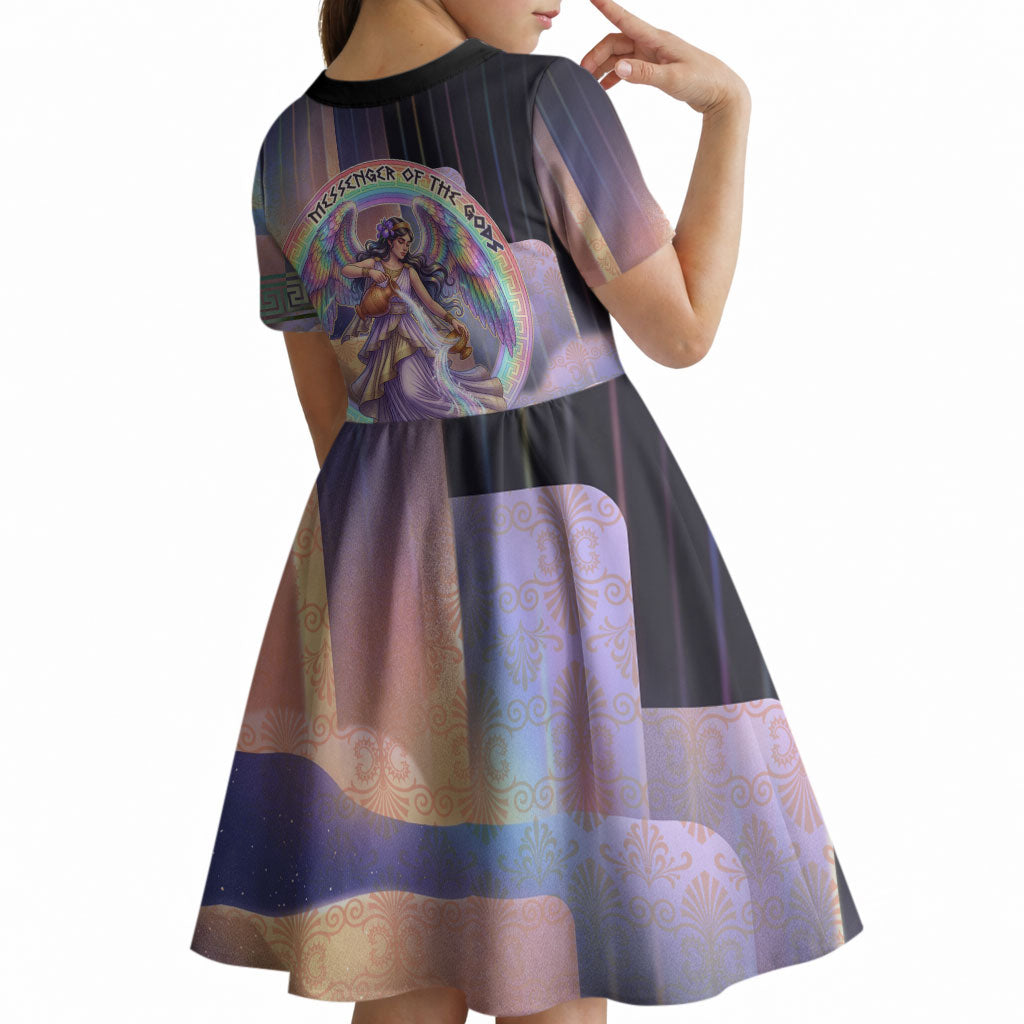 Iris Goddess Kid Short Sleeve Dress Rainbow Winged Iris - Pitcher Lyre And Greek Key
