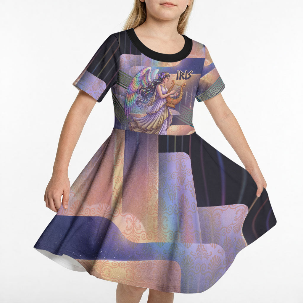 Iris Goddess Kid Short Sleeve Dress Rainbow Winged Iris - Pitcher Lyre And Greek Key