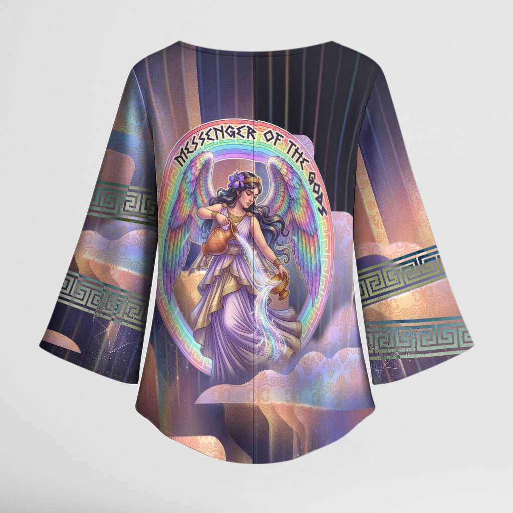 Iris Goddess Kimono Sleeve Blouse Rainbow Winged Iris - Pitcher Lyre And Greek Key