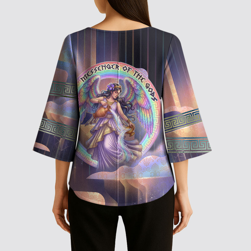 Iris Goddess Kimono Sleeve Blouse Rainbow Winged Iris - Pitcher Lyre And Greek Key