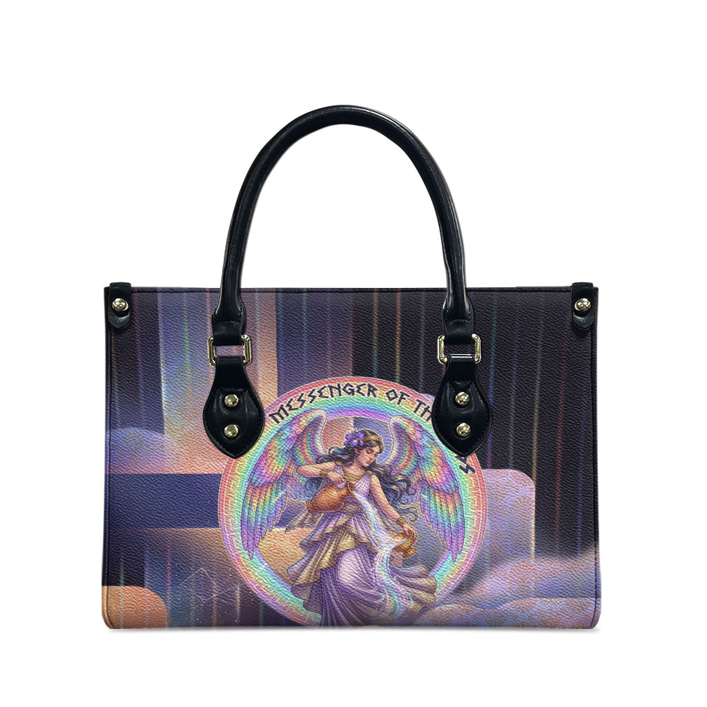 Iris Goddess Leather Bag Rainbow Winged Iris - Pitcher Lyre And Greek Key