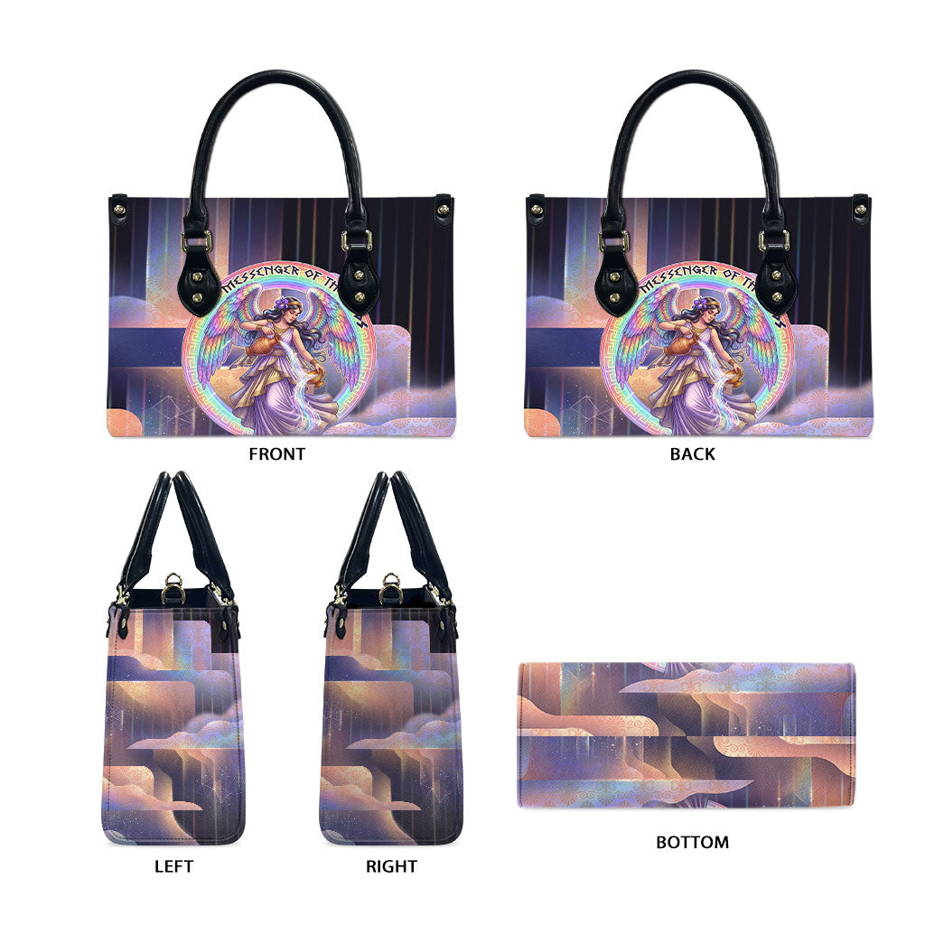 Iris Goddess Leather Bag Rainbow Winged Iris - Pitcher Lyre And Greek Key
