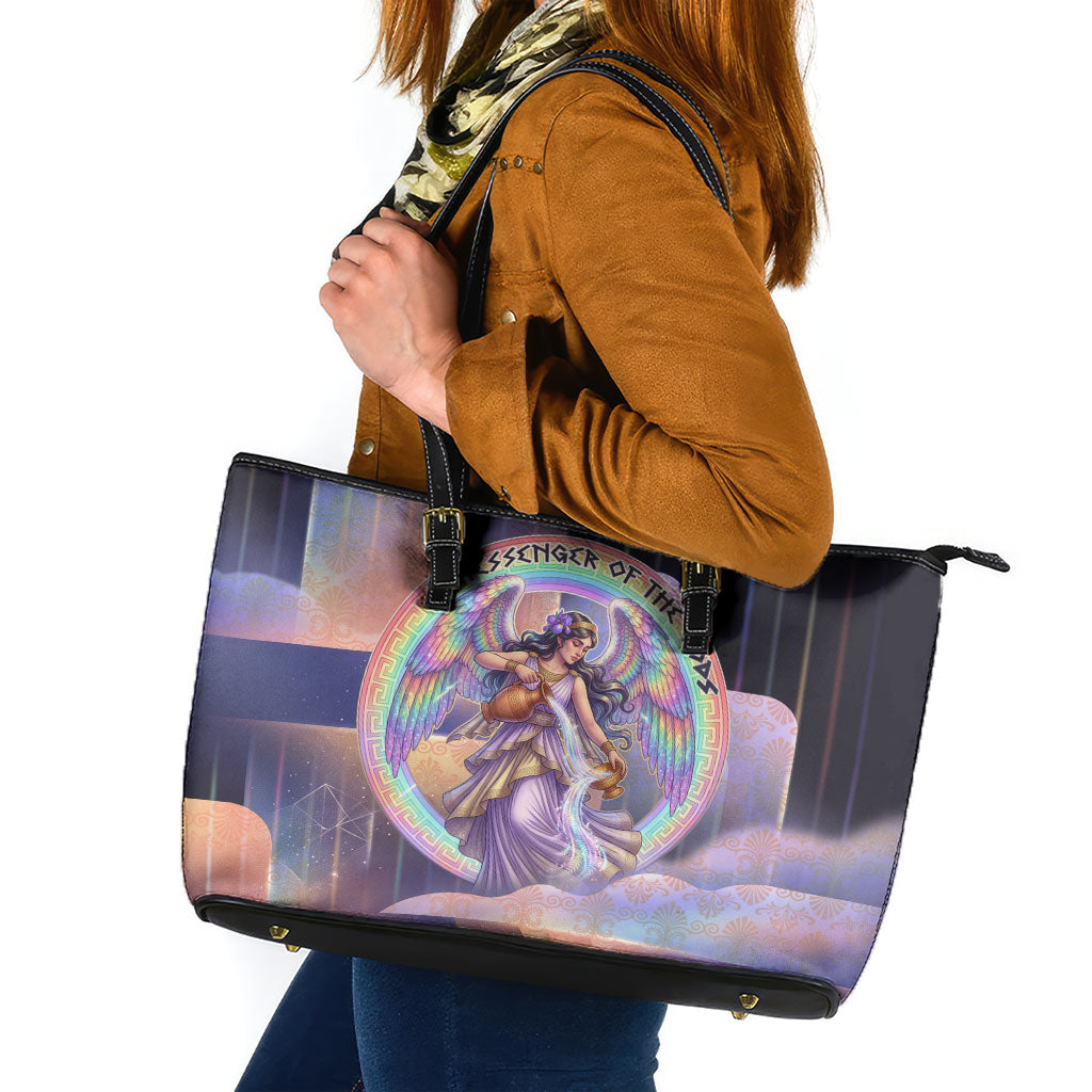 Iris Goddess Leather Tote Bag Rainbow Winged Iris - Pitcher Lyre And Greek Key
