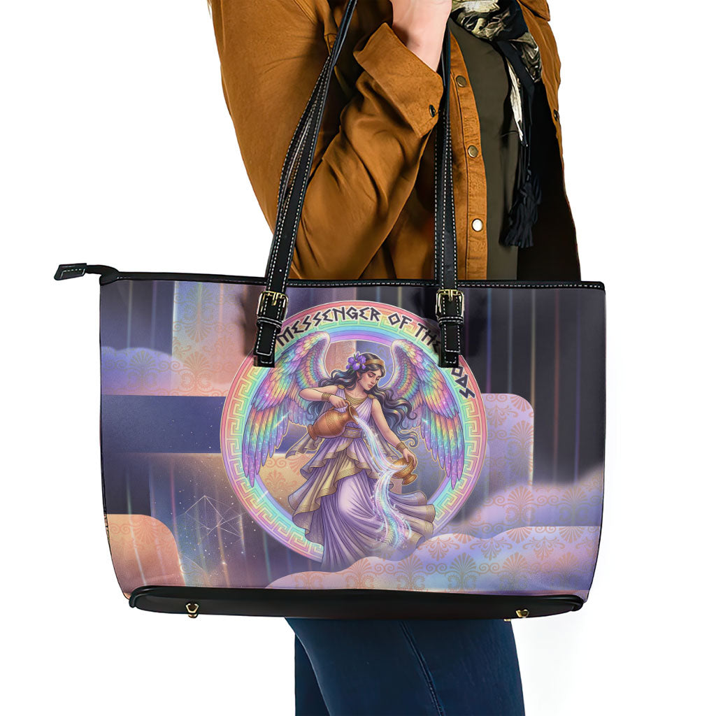 Iris Goddess Leather Tote Bag Rainbow Winged Iris - Pitcher Lyre And Greek Key