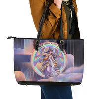 Iris Goddess Leather Tote Bag Rainbow Winged Iris - Pitcher Lyre And Greek Key