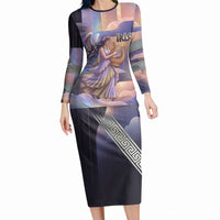 Iris Goddess Long Sleeve Bodycon Dress Rainbow Winged Iris - Pitcher Lyre And Greek Key