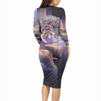 Iris Goddess Long Sleeve Bodycon Dress Rainbow Winged Iris - Pitcher Lyre And Greek Key