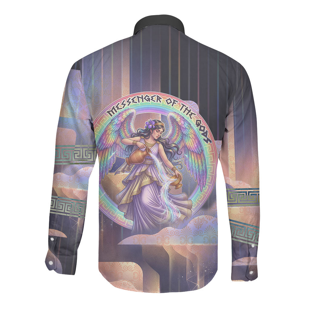 Iris Goddess Long Sleeve Button Shirt Rainbow Winged Iris - Pitcher Lyre And Greek Key