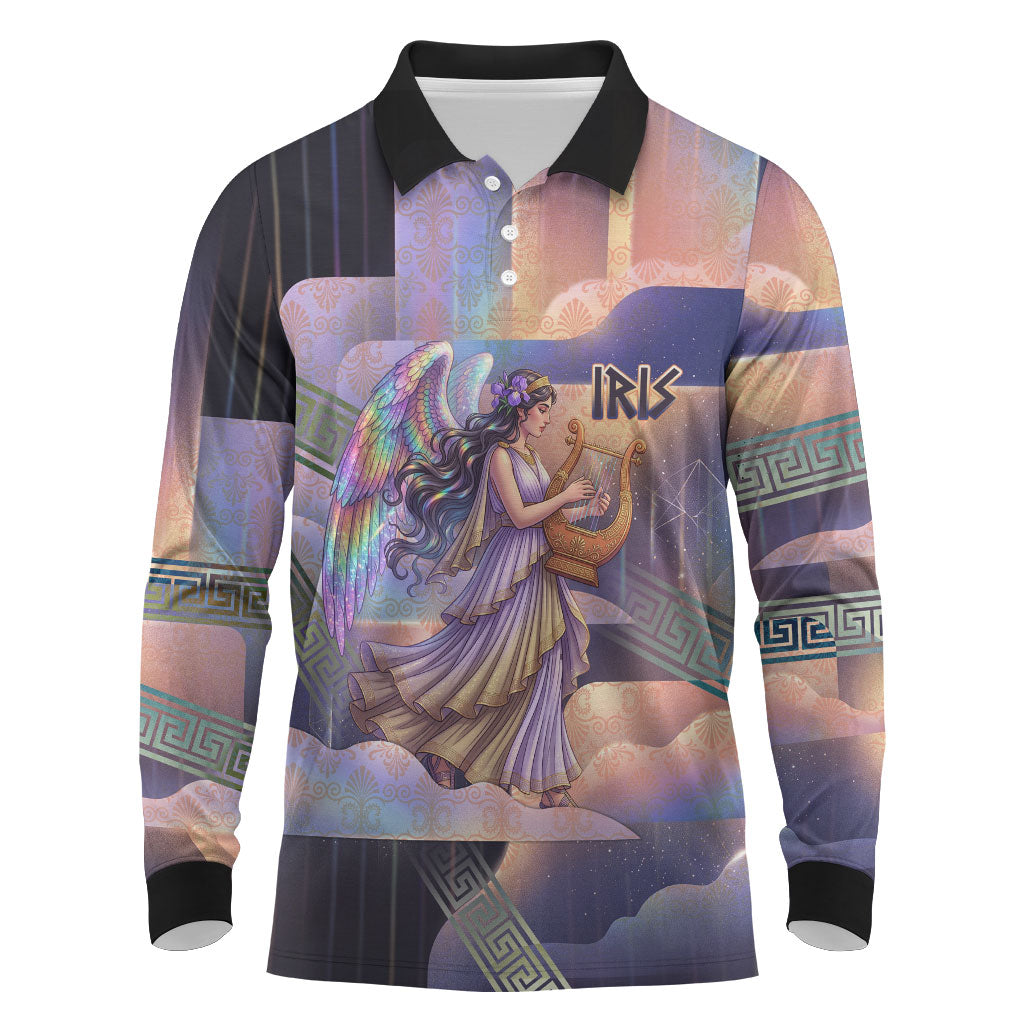Iris Goddess Long Sleeve Polo Shirt Rainbow Winged Iris - Pitcher Lyre And Greek Key