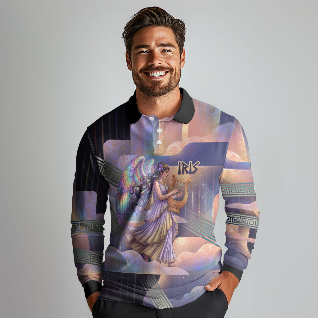 Iris Goddess Long Sleeve Polo Shirt Rainbow Winged Iris - Pitcher Lyre And Greek Key