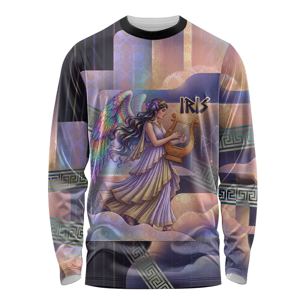 Iris Goddess Long Sleeve Shirt Rainbow Winged Iris - Pitcher Lyre And Greek Key