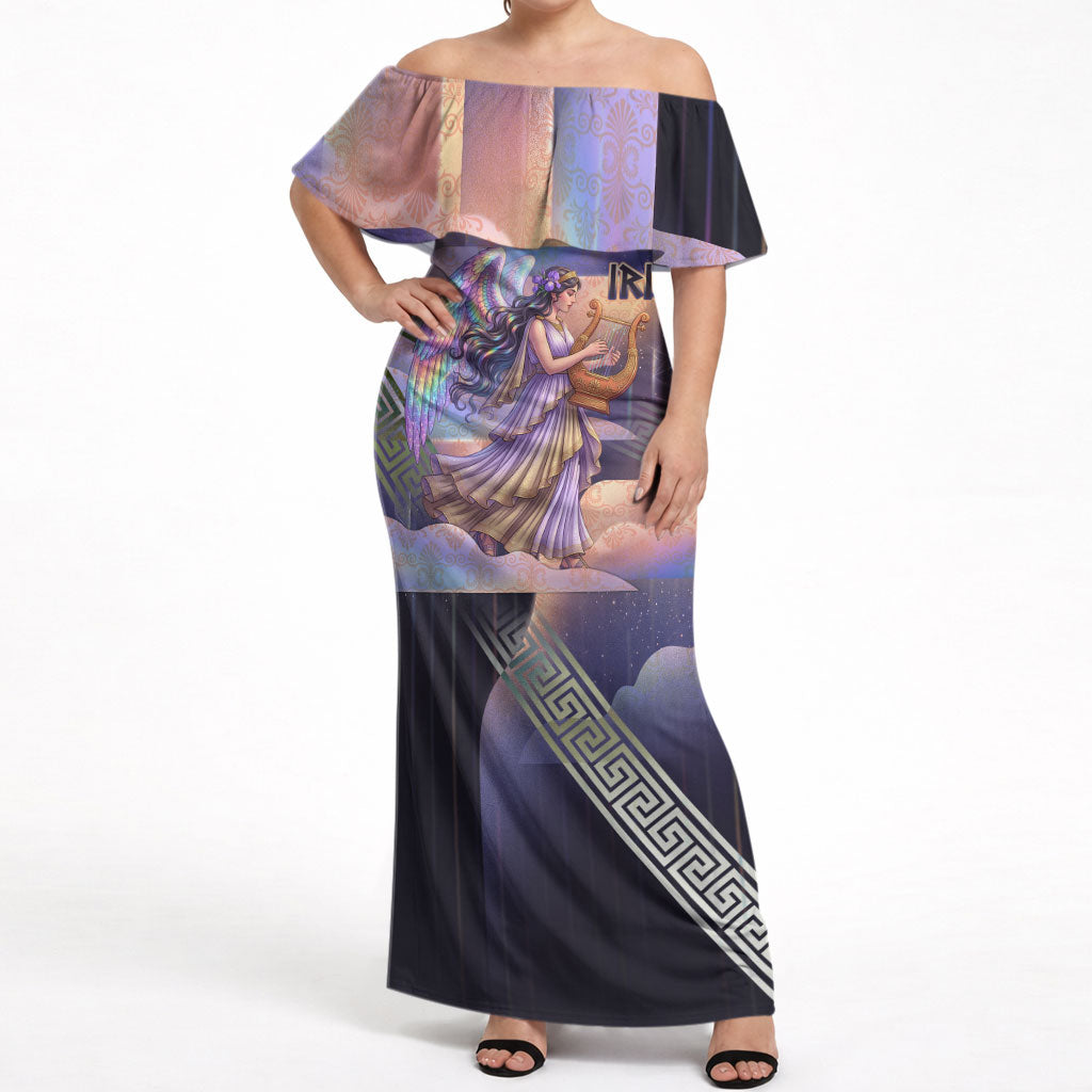 Iris Goddess Off Shoulder Maxi Dress Rainbow Winged Iris - Pitcher Lyre And Greek Key