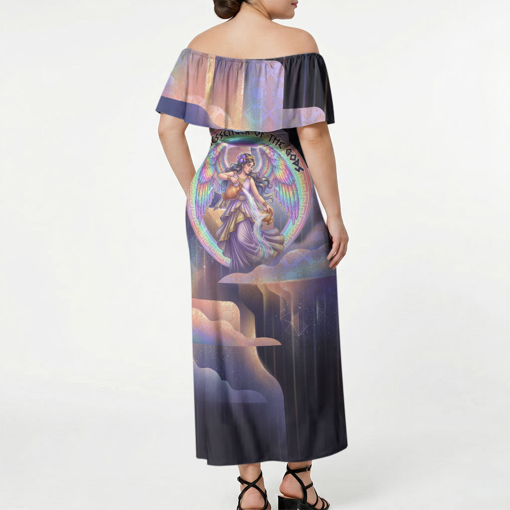 Iris Goddess Off Shoulder Maxi Dress Rainbow Winged Iris - Pitcher Lyre And Greek Key