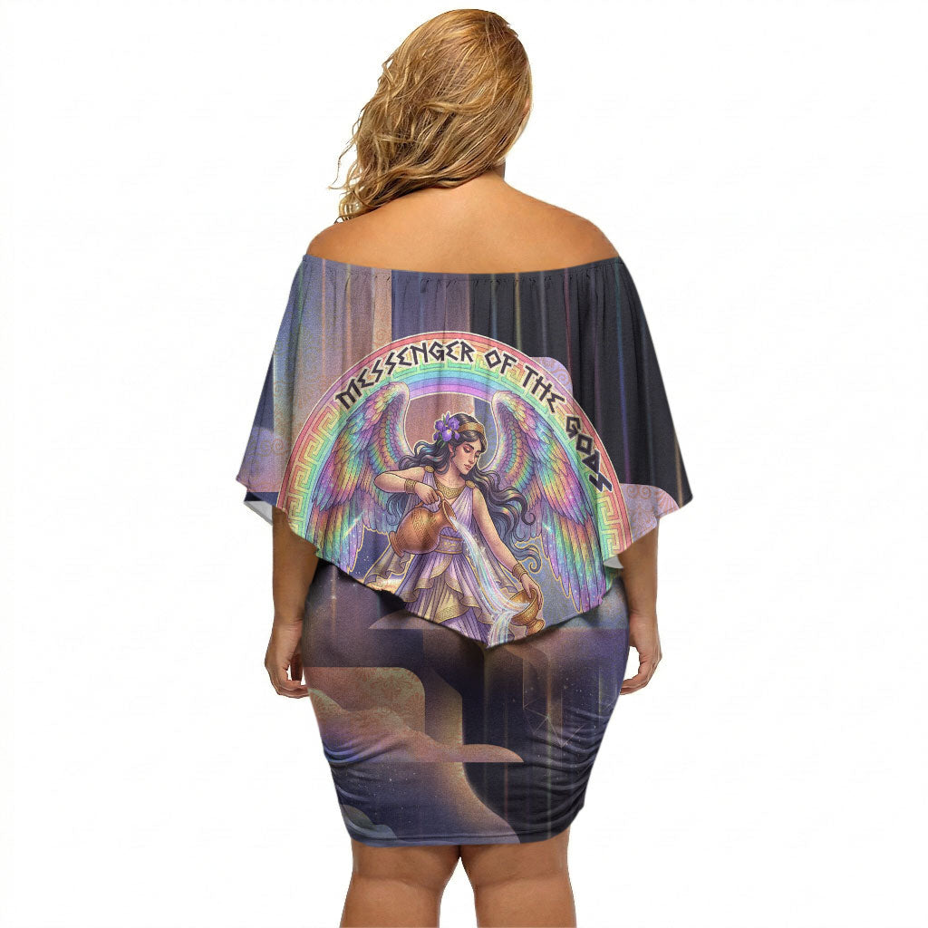Iris Goddess Off Shoulder Short Dress Rainbow Winged Iris - Pitcher Lyre And Greek Key