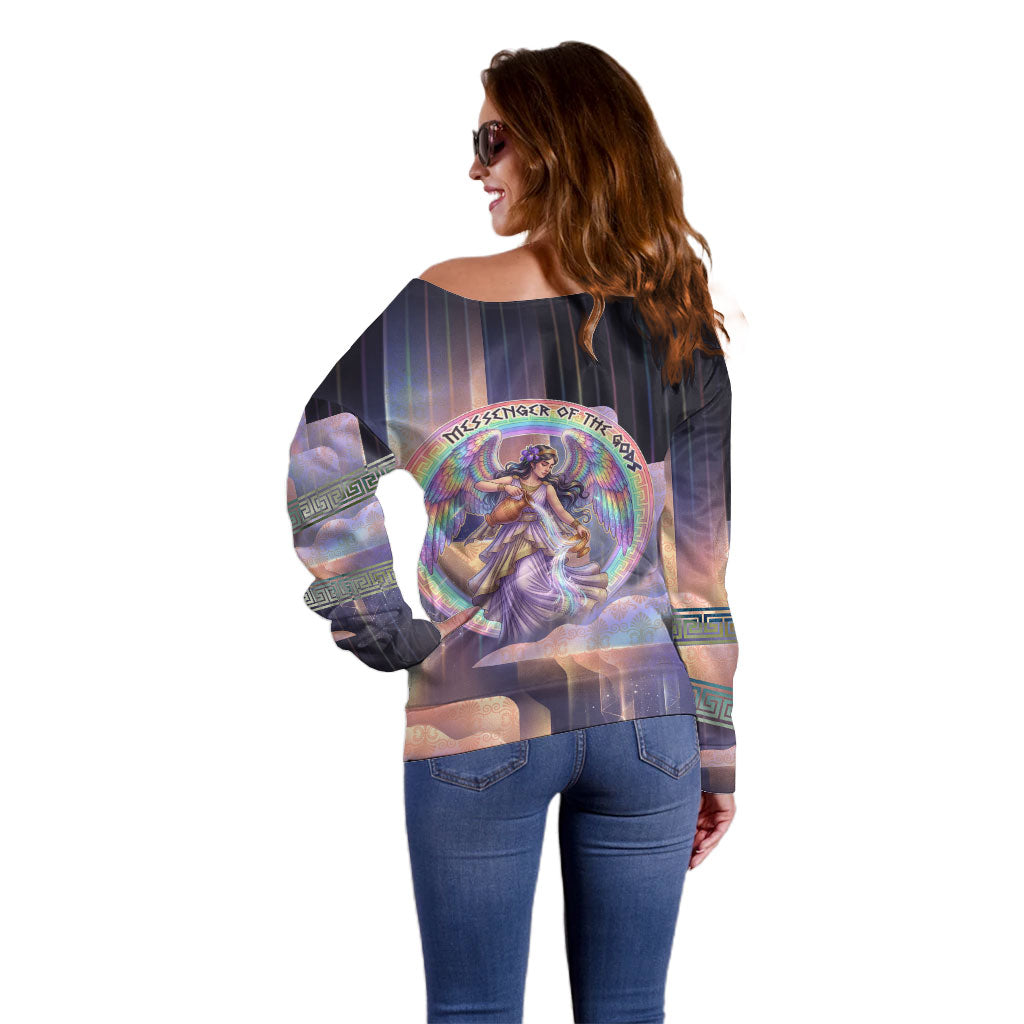 Iris Goddess Off Shoulder Sweater Rainbow Winged Iris - Pitcher Lyre And Greek Key