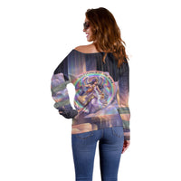 Iris Goddess Off Shoulder Sweater Rainbow Winged Iris - Pitcher Lyre And Greek Key