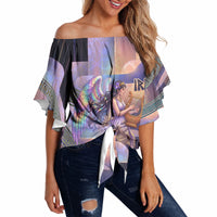 Iris Goddess Off Shoulder Wrap Waist Top Rainbow Winged Iris - Pitcher Lyre And Greek Key