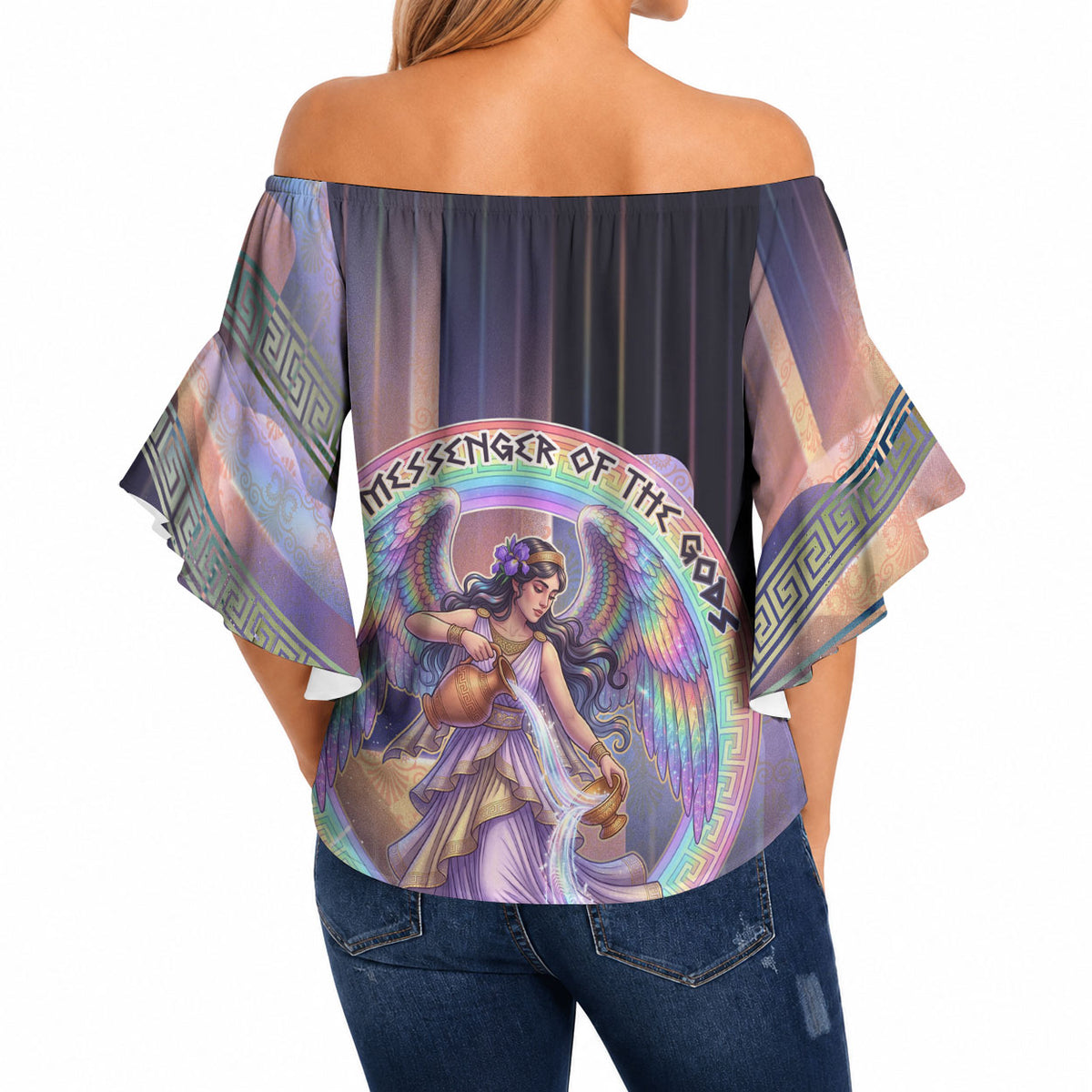 Iris Goddess Off Shoulder Wrap Waist Top Rainbow Winged Iris - Pitcher Lyre And Greek Key
