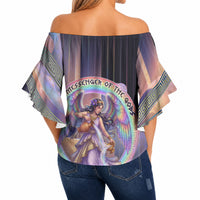 Iris Goddess Off Shoulder Wrap Waist Top Rainbow Winged Iris - Pitcher Lyre And Greek Key