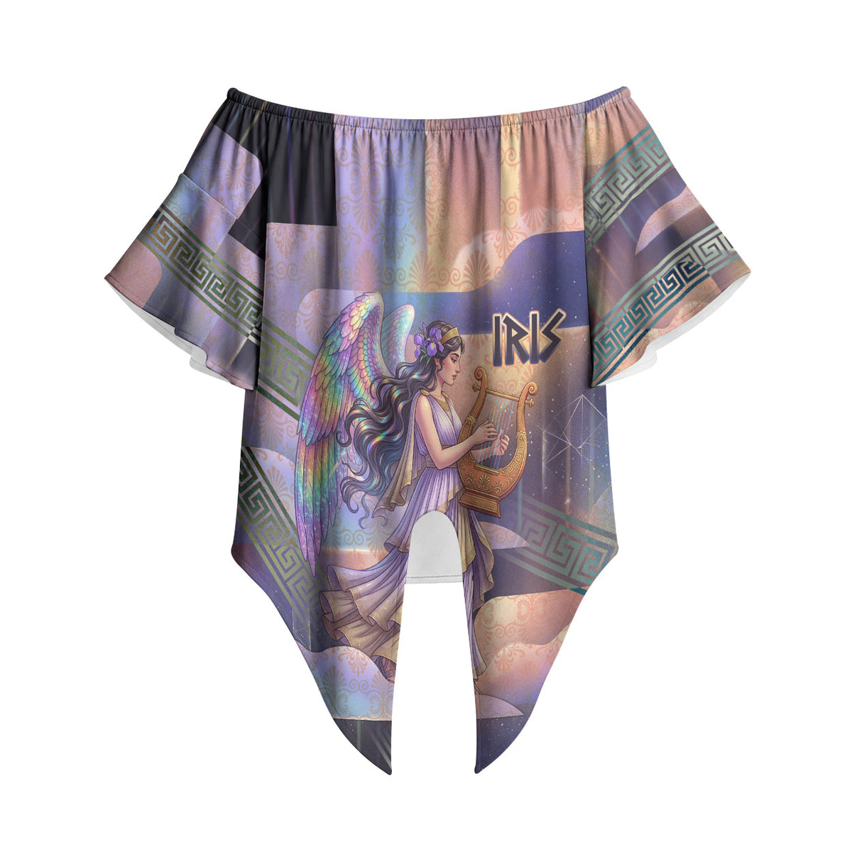 Iris Goddess Off Shoulder Wrap Waist Top Rainbow Winged Iris - Pitcher Lyre And Greek Key