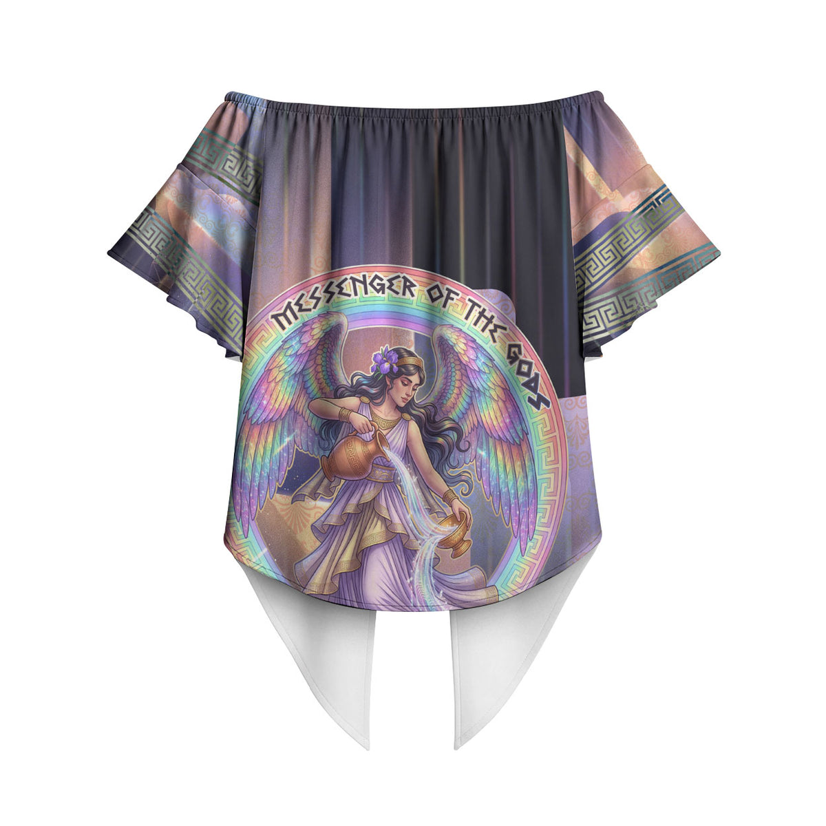 Iris Goddess Off Shoulder Wrap Waist Top Rainbow Winged Iris - Pitcher Lyre And Greek Key