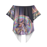 Iris Goddess Off Shoulder Wrap Waist Top Rainbow Winged Iris - Pitcher Lyre And Greek Key