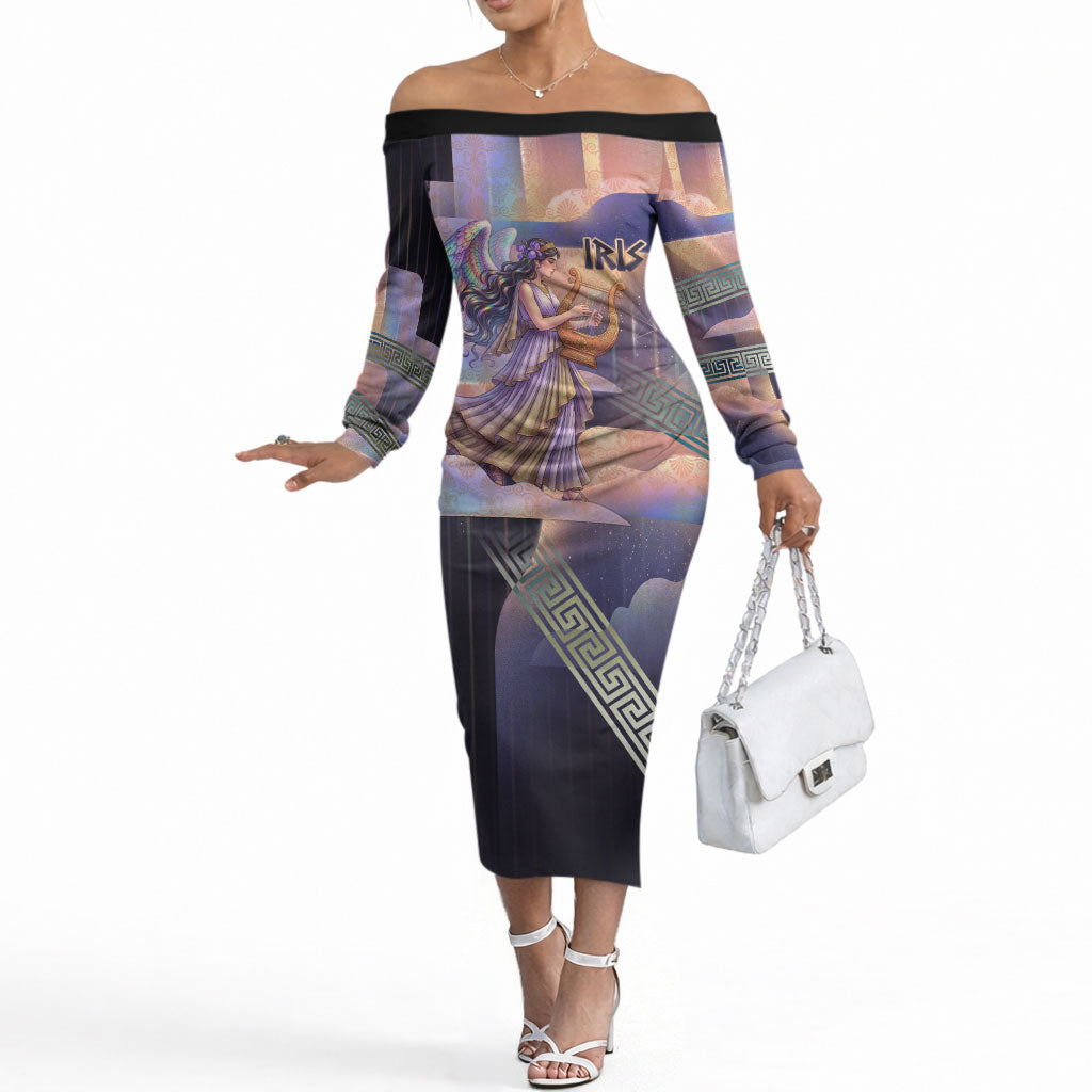 Iris Goddess Off The Shoulder Long Sleeve Dress Rainbow Winged Iris - Pitcher Lyre And Greek Key