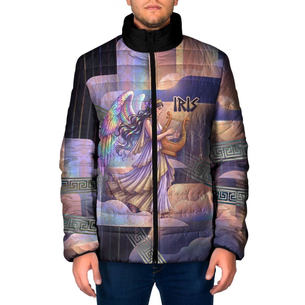Iris Goddess Padded Jacket Rainbow Winged Iris - Pitcher Lyre And Greek Key