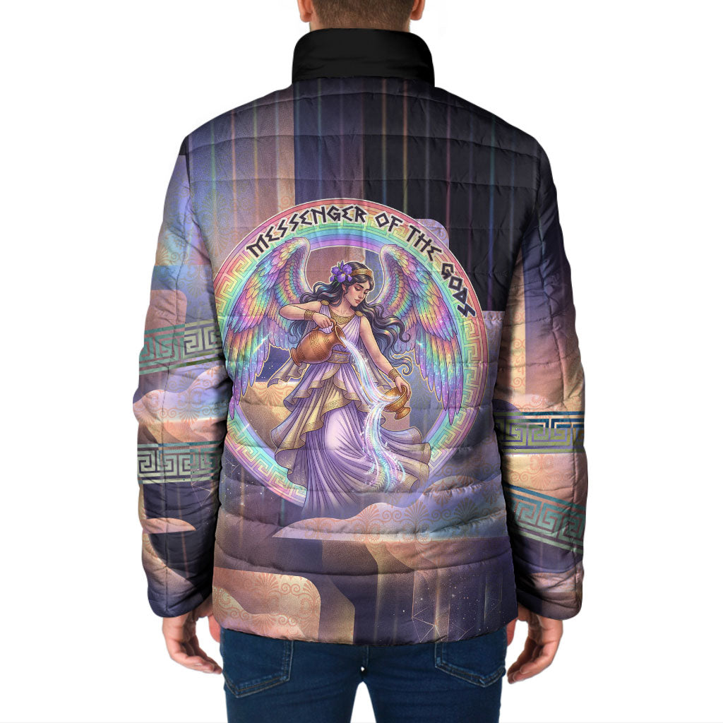 Iris Goddess Padded Jacket Rainbow Winged Iris - Pitcher Lyre And Greek Key