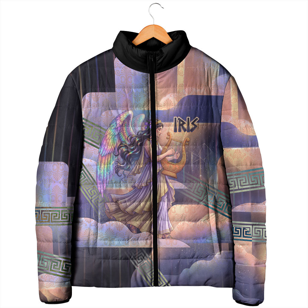 Iris Goddess Padded Jacket Rainbow Winged Iris - Pitcher Lyre And Greek Key
