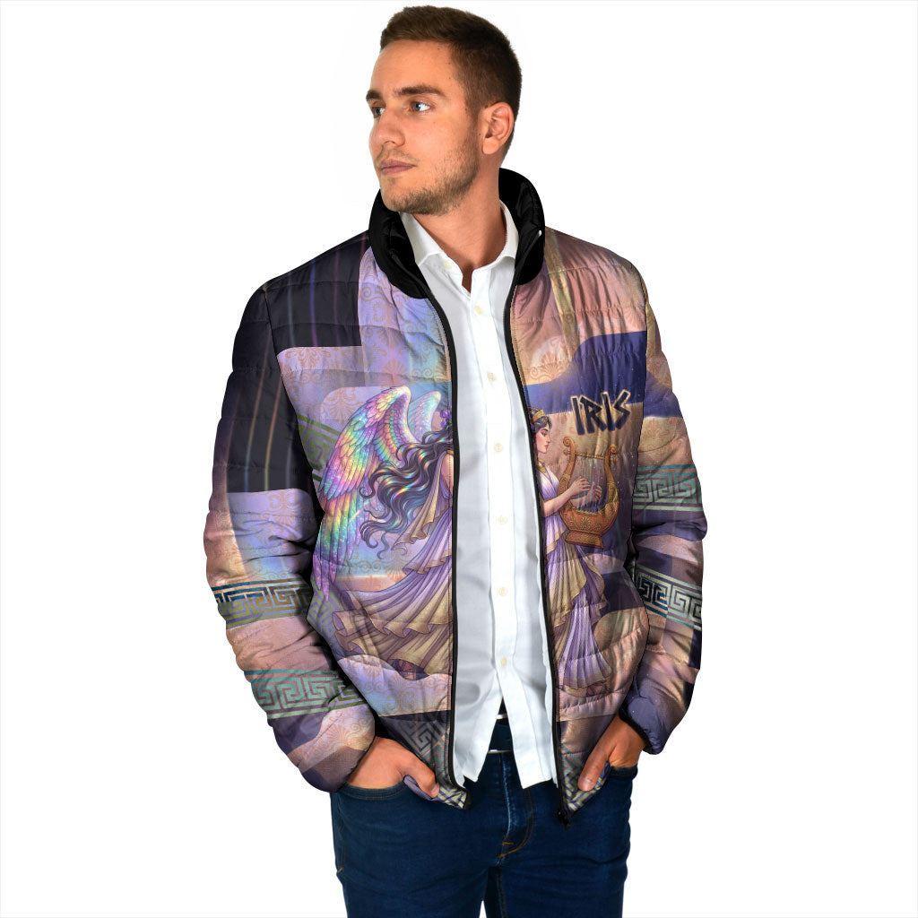 Iris Goddess Padded Jacket Rainbow Winged Iris - Pitcher Lyre And Greek Key